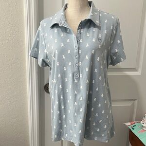 Gloria Vanderbilt Annie Sky Blue Dog Patterned Polo Shirt Cotton /Elastane NWOT